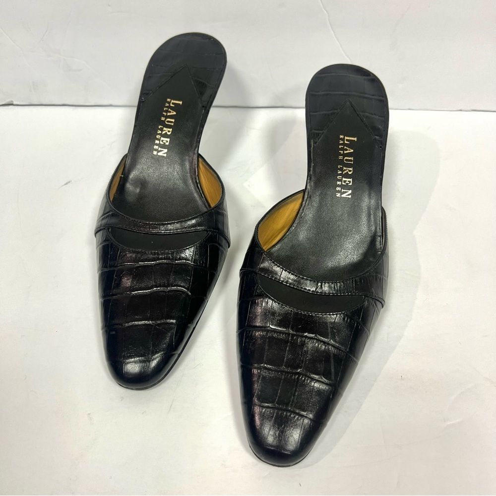 Ralph Lauren Black Croc-Embossed kitten heels